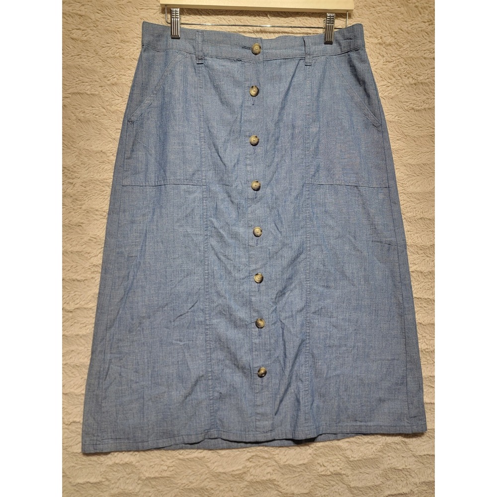 Northern Reflections Blue Cotton Chambray Button Front Midi Skirt Size 12